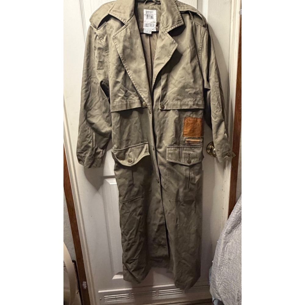 Together! Vintage Olive Khaki Cotton Trench Coat Duster Belted Utility Petite 8‎